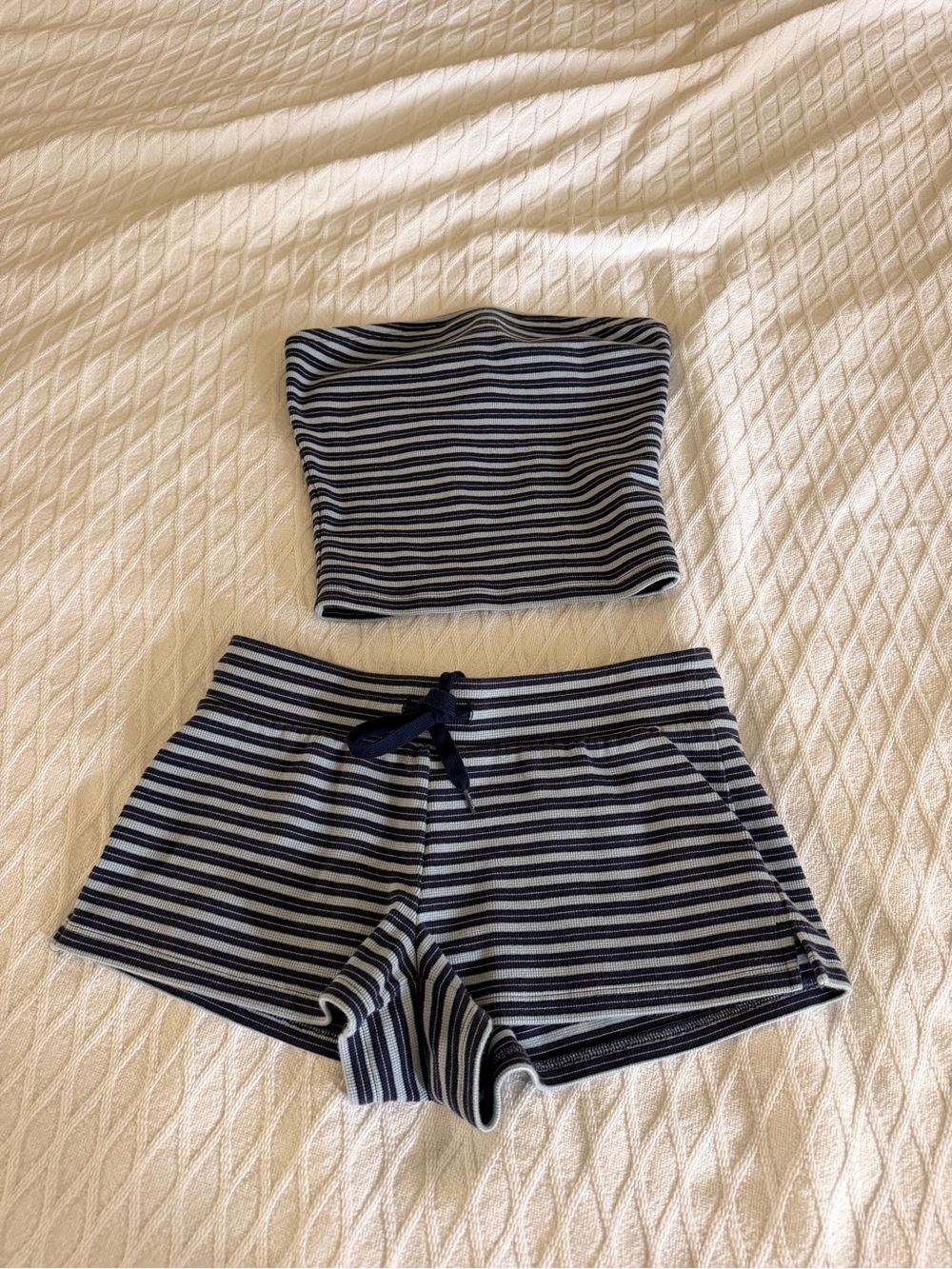 Aritzia home stretch ribbed Navy and White Striped Tube Top and Shorts Set